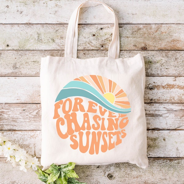Forever Chasing Sunsets Tote Bag - Wavy Words Shopping Bag - Vacation Bag - Retro Sunset Bag - Positive Vibe Bag - Comfort Colors Bag