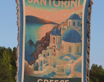 Woven Blanket – Santorini Greece Throw, Blue Domes Coastal Tapestry
