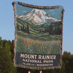 Mount Rainier Woven Blanket – National Park Throw, 100% Cotton, Scenic Nature Art, Washington State Mountain Decor