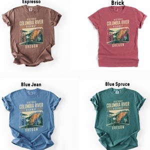 four t-shirts with different designs and colors, each representing a different location in Oregon.