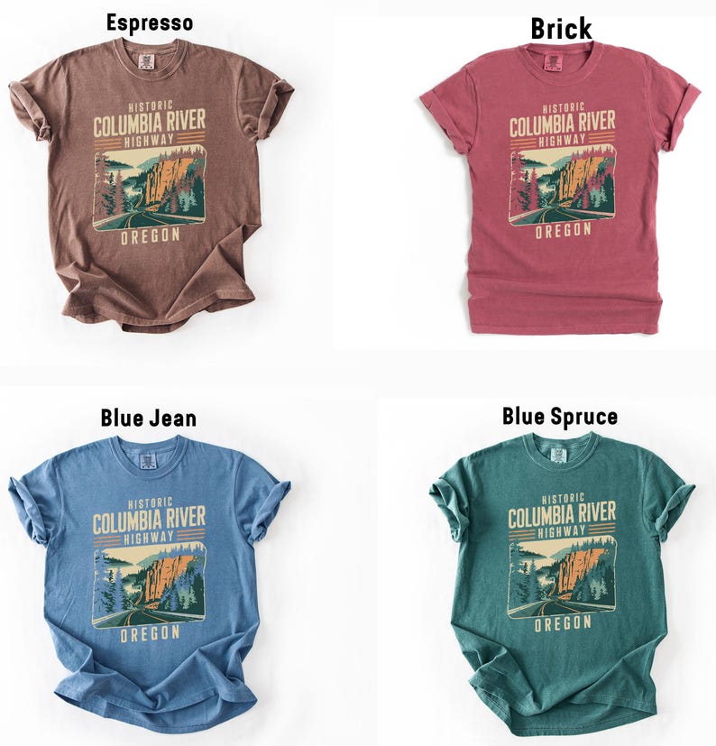 four t-shirts with different designs and colors, each representing a different location in Oregon.