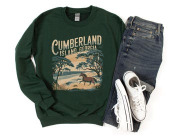 Cumberland Island Georgia Crewneck Sweatshirt, Retro Wild Horse Travel Sweatshirt