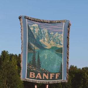 Banff vävd filt – 100 % bomull, överkast i bergen, vintage-gobeläng i Kanada, filt med natursköna sjöar och klippiga berg för naturälskare