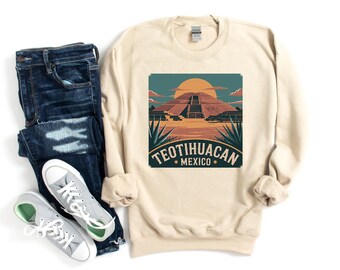 Teotihuacan Mexico Crewneck: Vintage Pyramid Sweatshirt, Aztec Ruins Heritage Fleece
