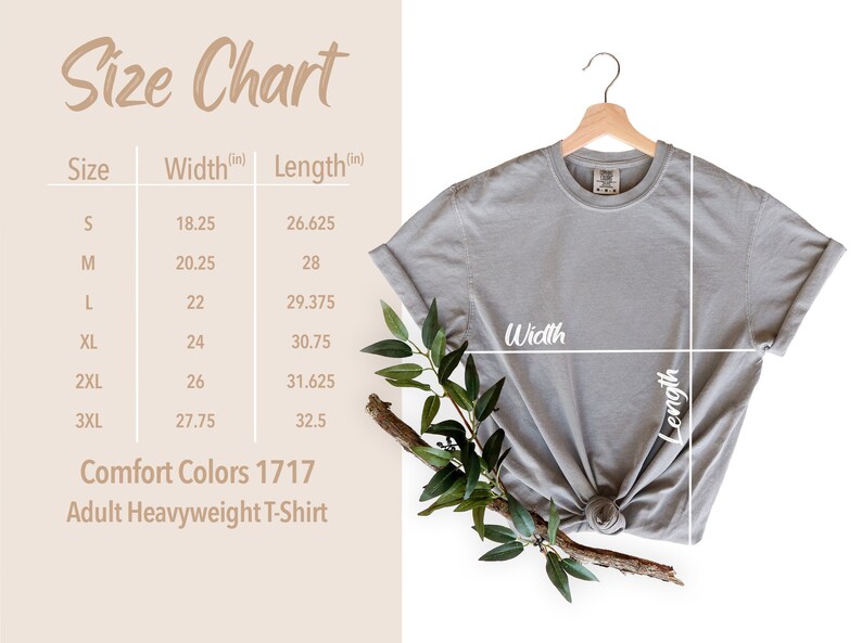 Puede incluir: Tabla de tallas para una camiseta en tallas S a 3XL. La tabla muestra el ancho y la longitud de la camiseta en pulgadas. La camiseta es una Comfort Colors 1717 Adult Heavyweight T-Shirt.