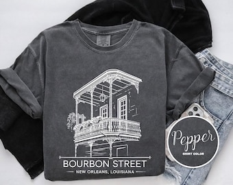 Bourbon Street Shirt, T-shirt New Orleans Louisiana, French Quarter-balkon T-shirt, comfortabele kleuren, lange mouw, hoodie, sweater, kinderen