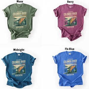 four t-shirts with different colors and designs, each representing a different state in the United States.