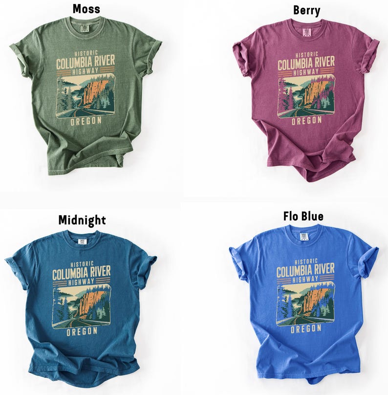 four t-shirts with different colors and designs, each representing a different state in the United States.