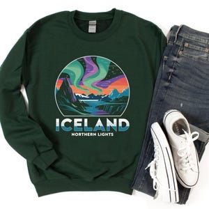 Sudadera con cuello redondo con la aurora boreal de Islandia, diseño de la naturaleza de la aurora boreal