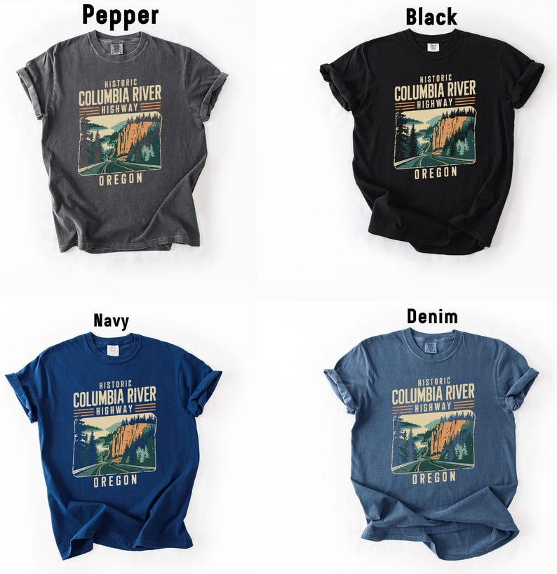 four different t-shirt designs featuring the historic Columbia River Highway in Oregon. The t-shirts are arranged in a 2x2 grid, with each design showcasing a different color and style.