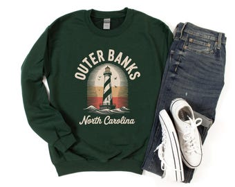 Outer Banks Crewneck: Vintage North Carolina Lighthouse Sweatshirt, Cape Hatteras Coastal Fleece Top