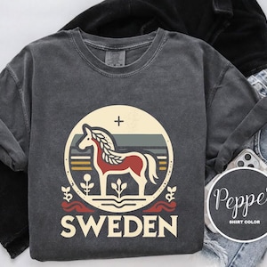 Pode incluir: Uma camiseta cinza escura com um gráfico de estilo vintage de um cavalo vermelho com uma crina e cauda brancas. O gráfico é cercado por um design amarelo, branco e azul e o texto "SWEDEN".