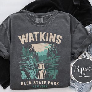 May include: A dark gray t-shirt with a vintage-style graphic of a waterfall in Watkins Glen State Park, New York. The text "Watkins Glen State Park, New York" is printed below the graphic.