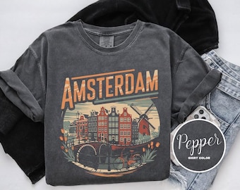 Maglietta Amsterdam, Maglietta da viaggio Paesi Bassi, T-shirt Comfort Colors, Maglietta per bambini Amsterdam, Manica lunga, Felpa, Felpa con cappuccio