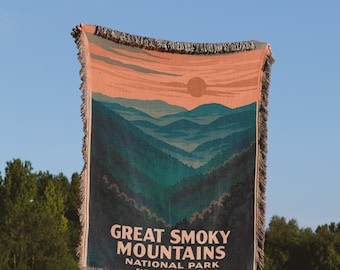 Great Smoky Mountains Blanket – WPA Style National Park Woven Throw, Retro Mountain Decor for Smokies Lovers