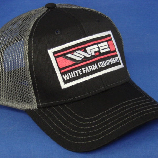 White Farm Equipment Tractor Logo On A Black And Charcoal Mesh Trucker Hat Snapback