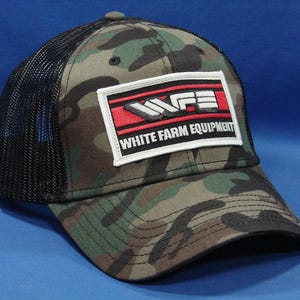 White Farm Equipment Tractor Patch On A Black And Charcoal Mesh Trucker Hat Snapback