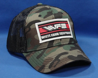 White Farm Equipment Tractor Patch On A Black And Charcoal Mesh Trucker Hat Snapback
