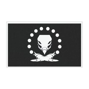 May include: Black rectangular graphic featuring a white stylized bird-like head with a circle of white dots around it. The design has a textured appearance, with the bird's head in the center and a stylized wing or feather design below.