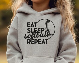 Girls Softball Hoodie - Eat Sleep Softball Repeat Shirt - Kids Softball Apparel - Gift for Softball Player - Youth Softball Sweatshirt