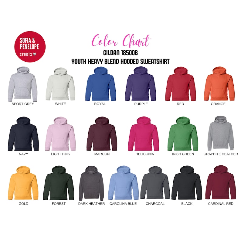 Puede incluir: Carta de colores de sudaderas con capucha Gildan 18500B para j&oacute;venes, de mezcla pesada, en varios colores, incluyendo gris deportivo, blanco, azul real, morado, rojo, naranja, marino, rosa claro, granate y m&aacute;s. El logotipo de Sofia & Penelope Sports es visible.
