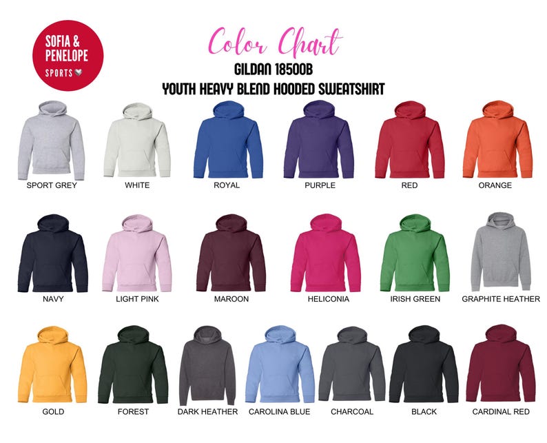 May include: Color chart showing 18 different colors of Gildan 18500B Youth Heavy Blend Hooded Sweatshirts. The colors include Sport Grey, White, Royal, Purple, Red, Orange, Navy, Light Pink, Maroon, Heliconia, Irish Green, Graphite Heather, Gold, Forest, Dark Heather, Carolina Blue, Charcoal, Black, and Cardinal Red.
