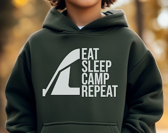 Kids Camping Hoodie - Eat Sleep Camp Repeat - Youth Camping Sweatshirt - Outdoor Adventure Jumper - Perfect Camping Gift - Campfire Hoodie