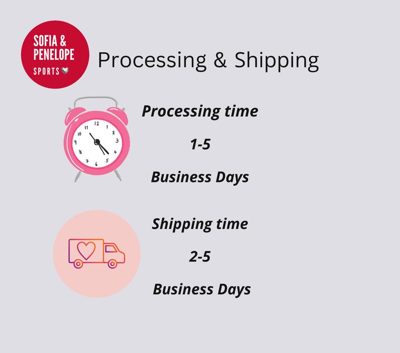 Puede incluir: Reloj despertador rosa con manecillas negras, junto al texto que dice "Processing time 1-5 Business Days" y "Shipping time 2-5 Business Days". El logotipo de Sofia & Penelope Sports est&aacute; en la esquina superior izquierda.