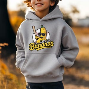 Kids Banana Mascot Hoodie - Let's Go Bananas Youth Hoodie - Kids Baseball Sweatshirt - Boys Girls Sports Pullover Jacket - Game Day Outfit