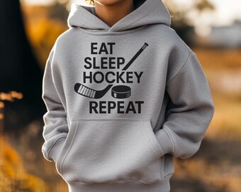 Boys Hockey Hoodie Eat Sleep Hockey Repeat - Kids Hockey Gift - Youth Hockey Sweatshirt - Hockey Player Gift - Sports Apparel