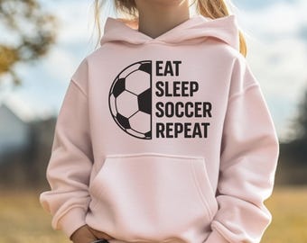 Kids Soccer Hoodie - Eat Sleep Soccer Repeat Sweatshirt - Gift for Soccer Player - Boys and Girls Youth Sports Hoodie - Soccer Fan Gift