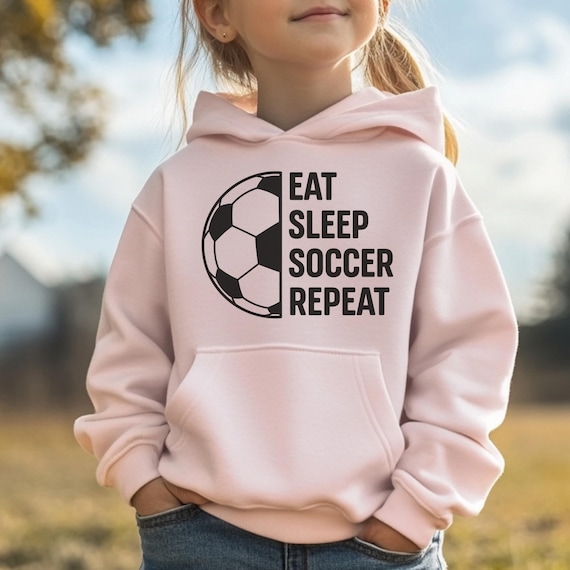 Kids Soccer Hoodie - Eat Sleep Soccer Repeat Sweatshirt - Gift for Soccer Player - Boys and Girls Youth Sports Hoodie - Soccer Fan Gift