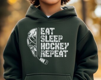 Youth Hockey Hoodie "Eat Sleep Hockey Repeat" - Kids Ice Hockey Pullover S M L XL - Gift for Young Hockey Players