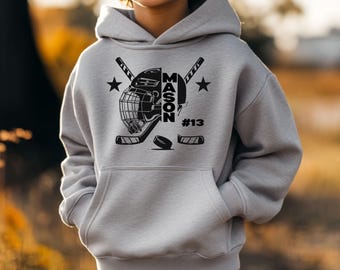 Sweat à capuche personnalisé avec nom et numéro de joueur de hockey - Sweat-shirt de hockey sur glace personnalisé pour enfants - Cadeau pour fan de sport pour garçons - Cadeaux pour le jour d'une partie de hockey pour jeunes