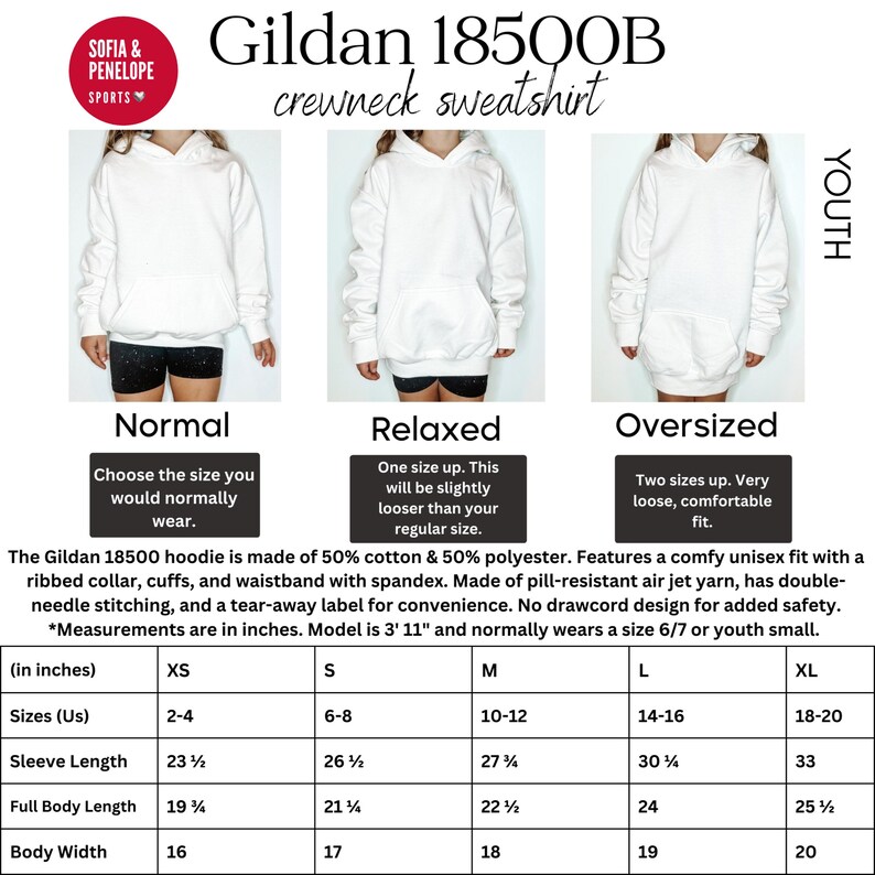 May include: A white Gildan 18500B youth hoodie shown in normal, relaxed, and oversized fits. The image includes a sizing chart with measurements in inches, product details regarding the 50% cotton and 50% polyester fabric, and a no-drawcord design.