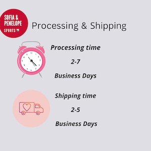 May include: A graphic with the text Sofia & Penelope Sports, Processing & Shipping, Processing time 2-7 Business Days, and Shipping time 2-5 Business Days. It features a pink alarm clock icon and a delivery truck icon with a heart on the side.