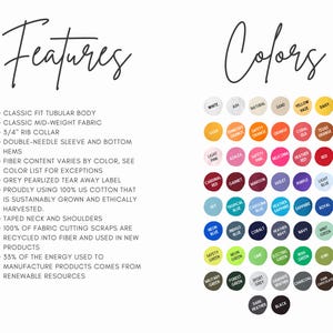 May include: A graphic with the words "Features" and "Colors" in a handwritten font. The "Features" section lists details like fabric and collar type. The "Colors" section displays a palette of various colors with their names.