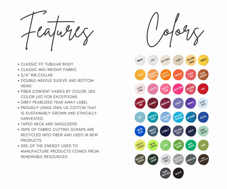 May include: A graphic with the words "Features" and "Colors" in a handwritten font. The "Features" section lists details like fabric and collar type. The "Colors" section displays a palette of various colors with their names.