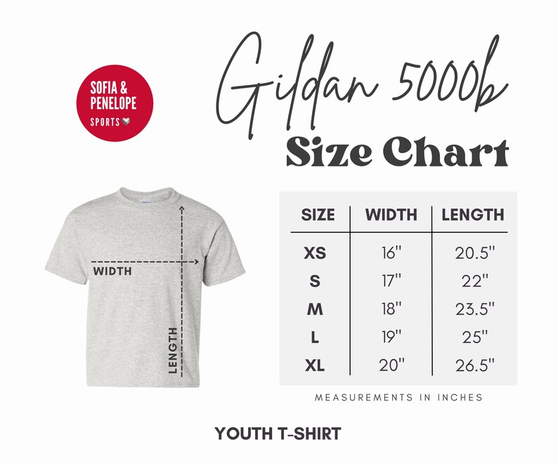 May include: A light gray youth t-shirt with a size chart. The chart lists sizes XS to XL, with corresponding width and length measurements in inches. The text "Gildan 5000b" and "Sofia & Penelope Sports" are also visible.