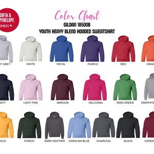 Peut inclure: Nuancier de couleurs pour le sweat &agrave; capuche Gildan 18500B Youth Heavy Blend, pr&eacute;sentant 16 options de couleurs diff&eacute;rentes, notamment Gris Sport, Blanc, Royal, Violet, Rouge, Orange, Marine, Rose clair, Marron, H&eacute;liconia, Vert irlandais, Gris chin&eacute;, Or, For&ecirc;t, Gris chin&eacute; fonc&eacute;, Bleu Caroline, Anthracite, Noir et Rouge cardinal.