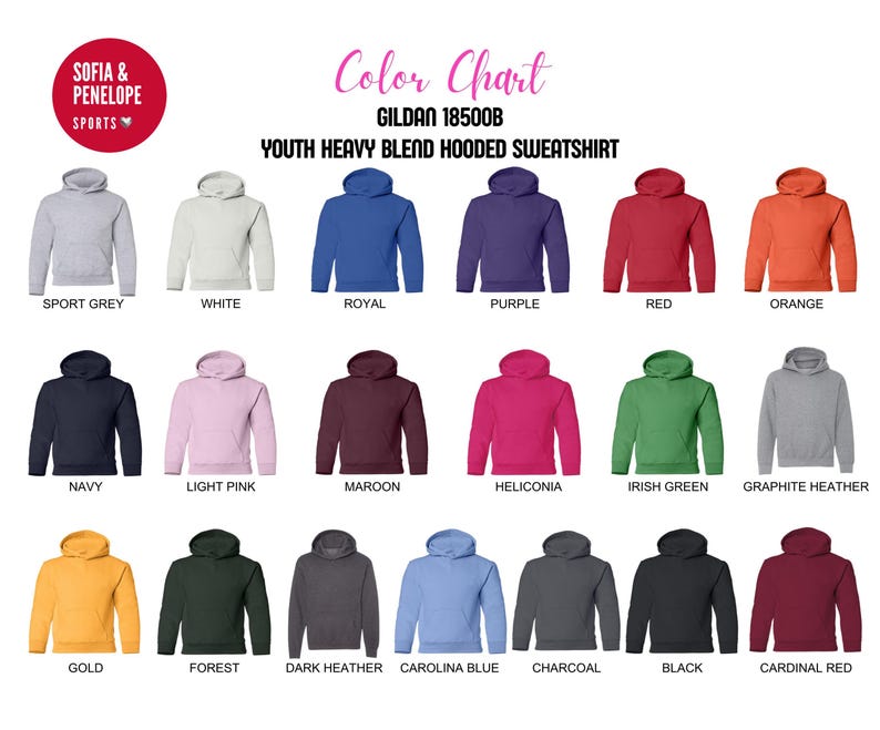 Peut inclure: Nuancier de couleurs pour le sweat &agrave; capuche Gildan 18500B Youth Heavy Blend, pr&eacute;sentant 16 options de couleurs diff&eacute;rentes, notamment Gris Sport, Blanc, Royal, Violet, Rouge, Orange, Marine, Rose clair, Marron, H&eacute;liconia, Vert irlandais, Gris chin&eacute;, Or, For&ecirc;t, Gris chin&eacute; fonc&eacute;, Bleu Caroline, Anthracite, Noir et Rouge cardinal.