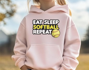Girls Softball Hoodie - Eat Sleep Softball Repeat - Youth Softball Sweatshirt - Softball Player Gift -  Kids Softball Apparel