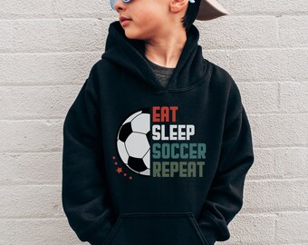 Youth Soccer Hoodie Eat Sleep Soccer Repeat - Kids Soccer Sweatshirt - Gift for Soccer Player - Boys Girls Soccer Team Apparel