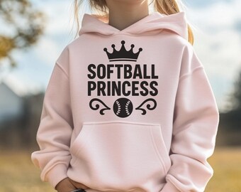 Girls Softball Princess Hoodie - Youth Softball Sweatshirt - Gift for Softball Player - Gift for Granddaughter - Kids Sports Hoodie