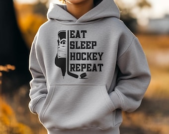 Youth Hockey Hoodie Eat Sleep Hockey Repeat - Hockey Sweatshirt for Kids - Gift for Hockey Player - Game Day Hoodie - Hockey Fan Gift