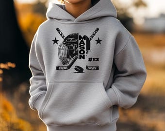 Sweat à capuche personnalisé nom et numéro de joueur de hockey pour enfants - Sweat-shirt de hockey sur glace personnalisé pour enfants - Cadeau fan de sport pour garçons - Cadeaux pour le jour du match pour les jeunes