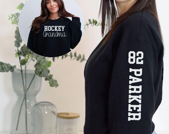 Hockey Grandma Sweatshirt - Name & Number on Sleeve - Gift for Grandma - Hockey Fan Gift - Cute Custom Hockey Grandma Top