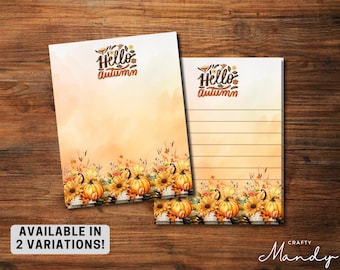 May include: Two sheets of stationery with a fall theme. One sheet is blank, and the other has lined paper. Both have a watercolor background and a floral and pumpkin border. The text "Hello Autumn" is at the top.