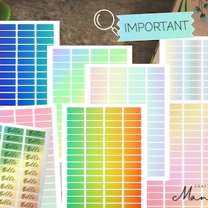 Peut inclure: Un ensemble de feuilles d'autocollants irisés et colorés avec une variété d'étiquettes rectangulaires. Les étiquettes sont disposées en rangées et en colonnes, et chaque feuille présente un dégradé de couleur différent. Le texte "IMPORTANT" est visible sur l'une des feuilles.