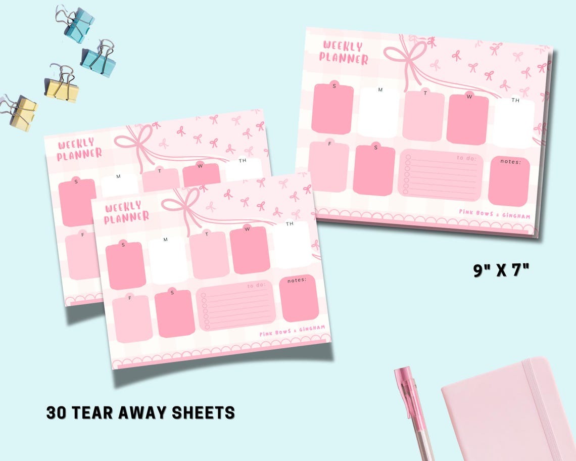 Pink Bows & Gingham Weekly Planner - Tear Away Notepad - Planner - Memo ...